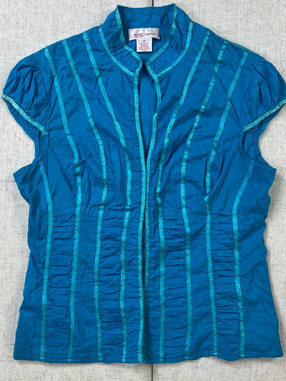 Turquoise Cotton Corset Blouse Hook Front Pintuck Ribbon Cap Sleeve Y2K Top M